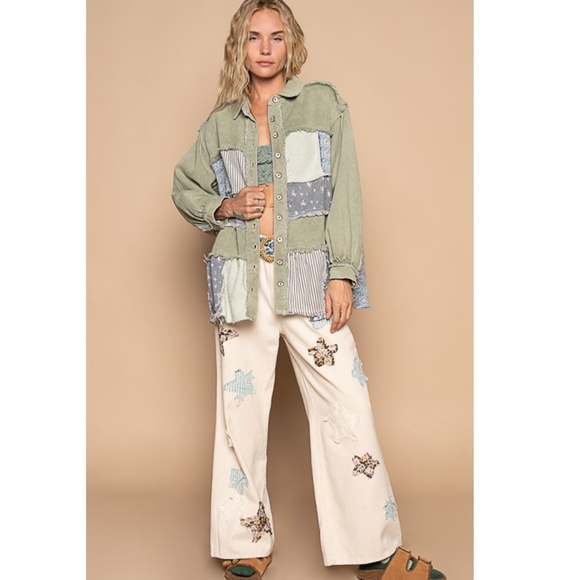 "The Kristin" Olive Mixed Print Frayed Edging Jacket - Picture 3 of 5